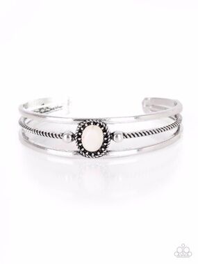 B-73 paparazzi Silver White Oval Stone Layered Cuff Bracelet